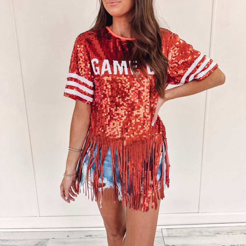 Gameday Fringe Sequin Top - Burnt Orange