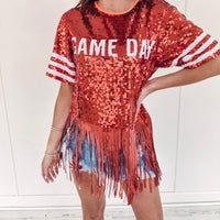 Gameday Fringe Sequin Top - Burnt Orange