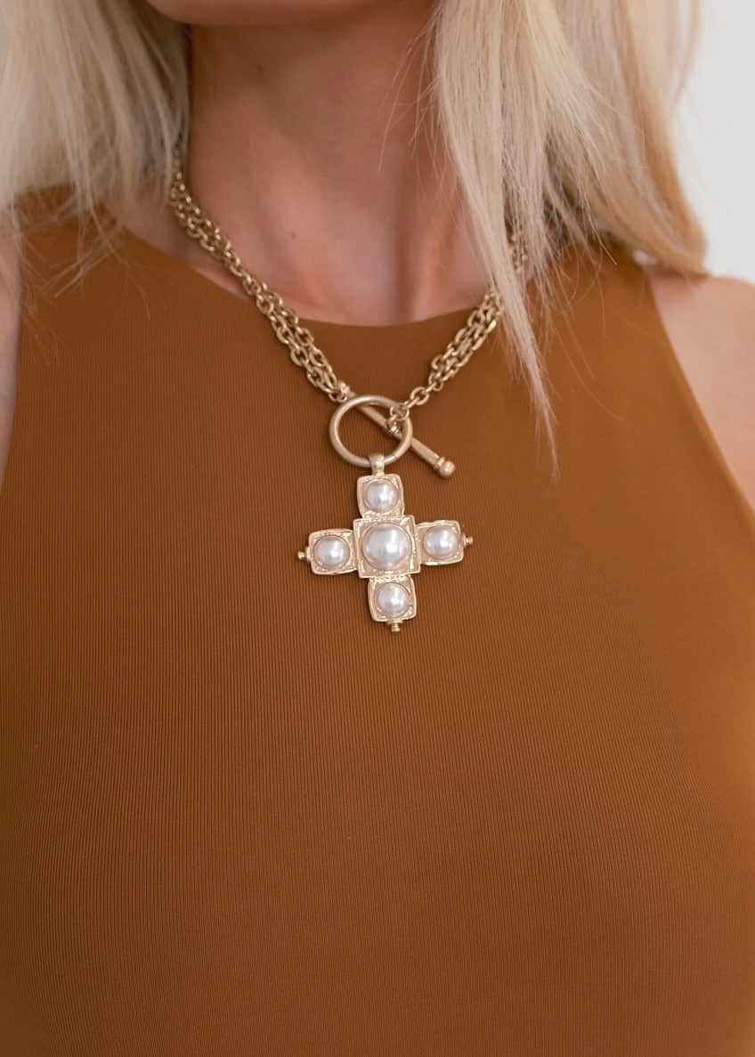 Chunky Cross Necklace - Pearl