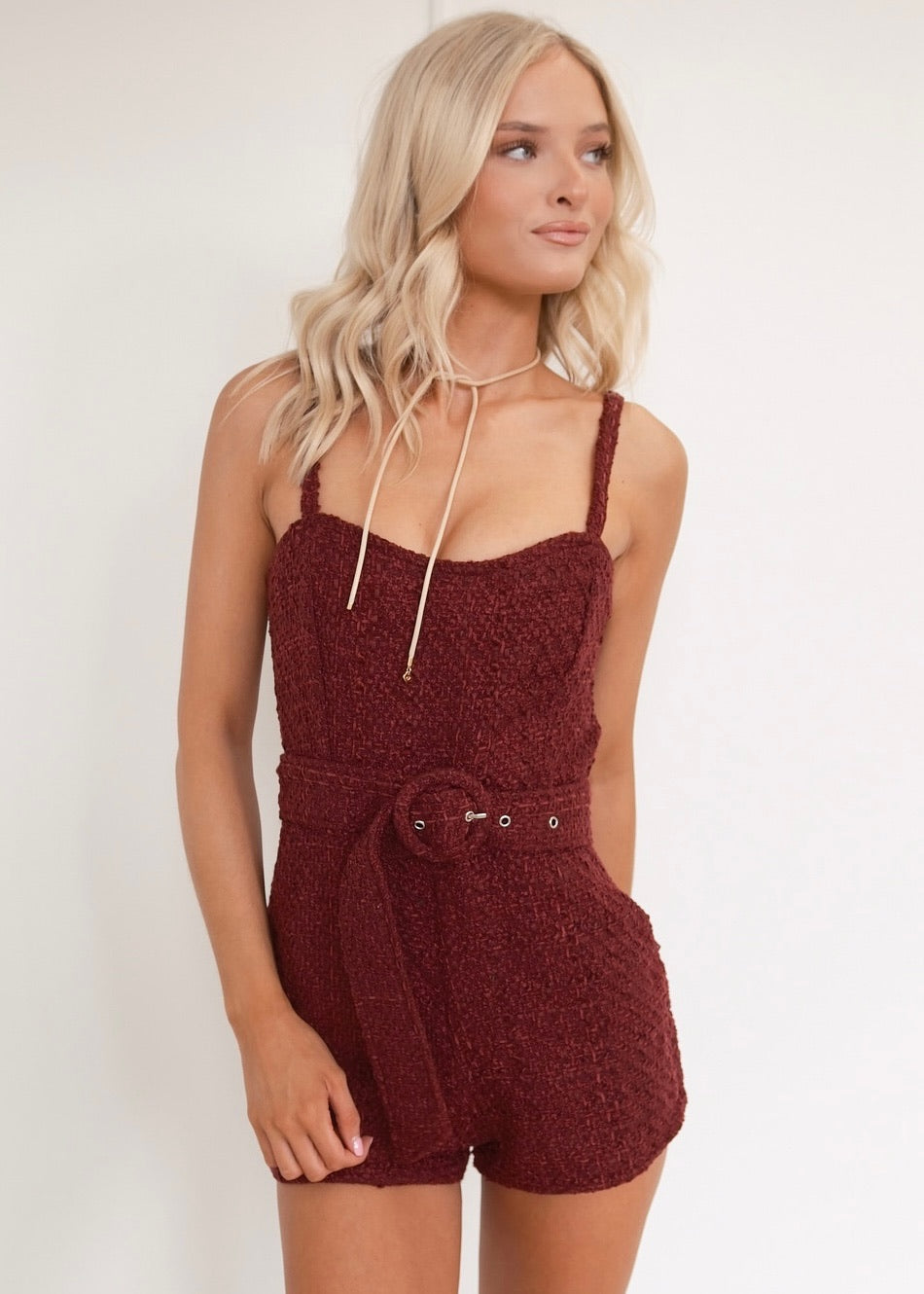 Presley Tweed Romper - Burgundy