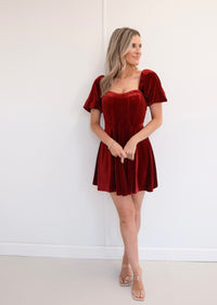 Velvet Puff Sleeve Mini Dress - Burgundy