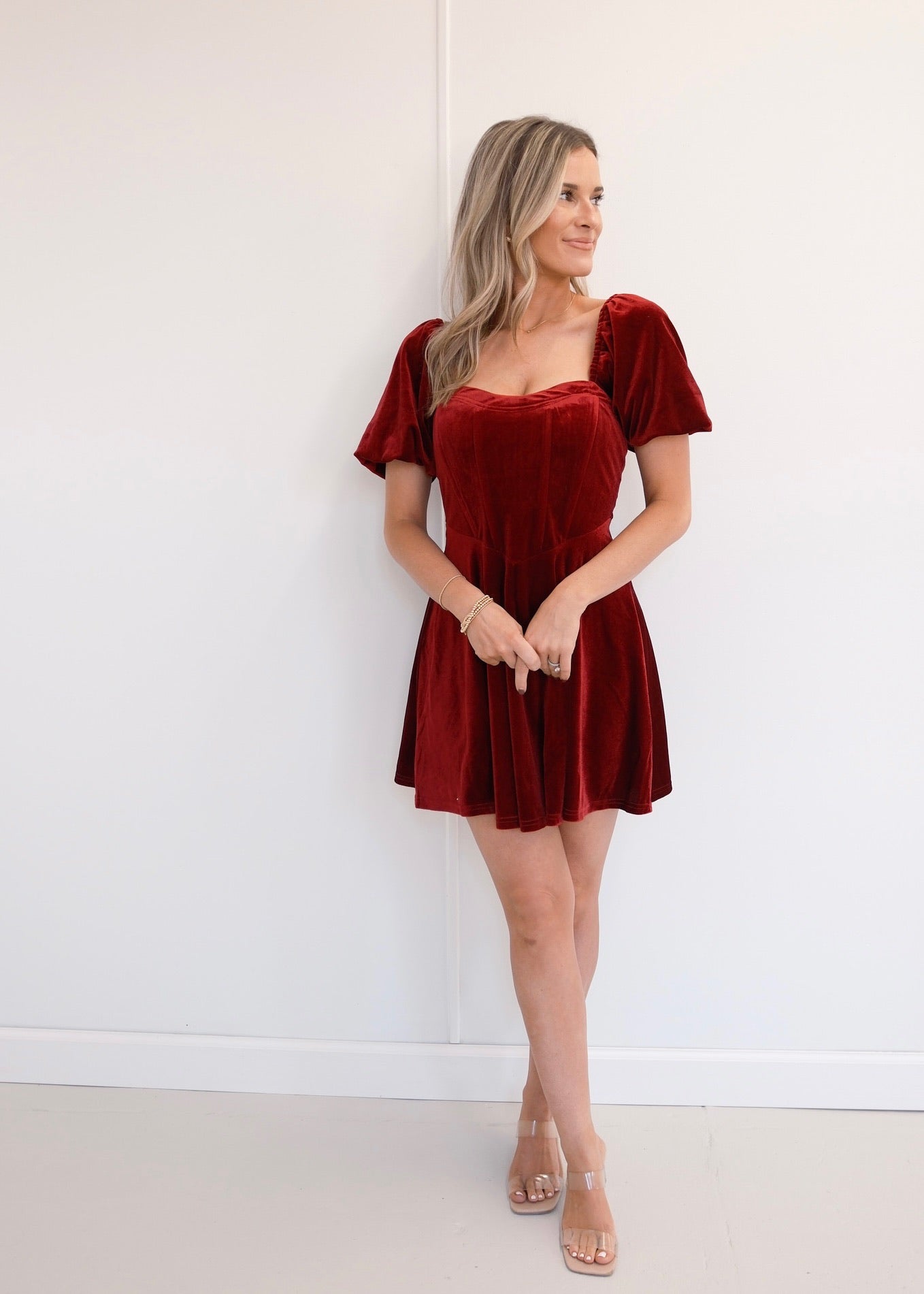 Velvet Puff Sleeve Mini Dress - Burgundy