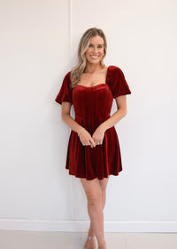 Velvet Puff Sleeve Mini Dress - Burgundy