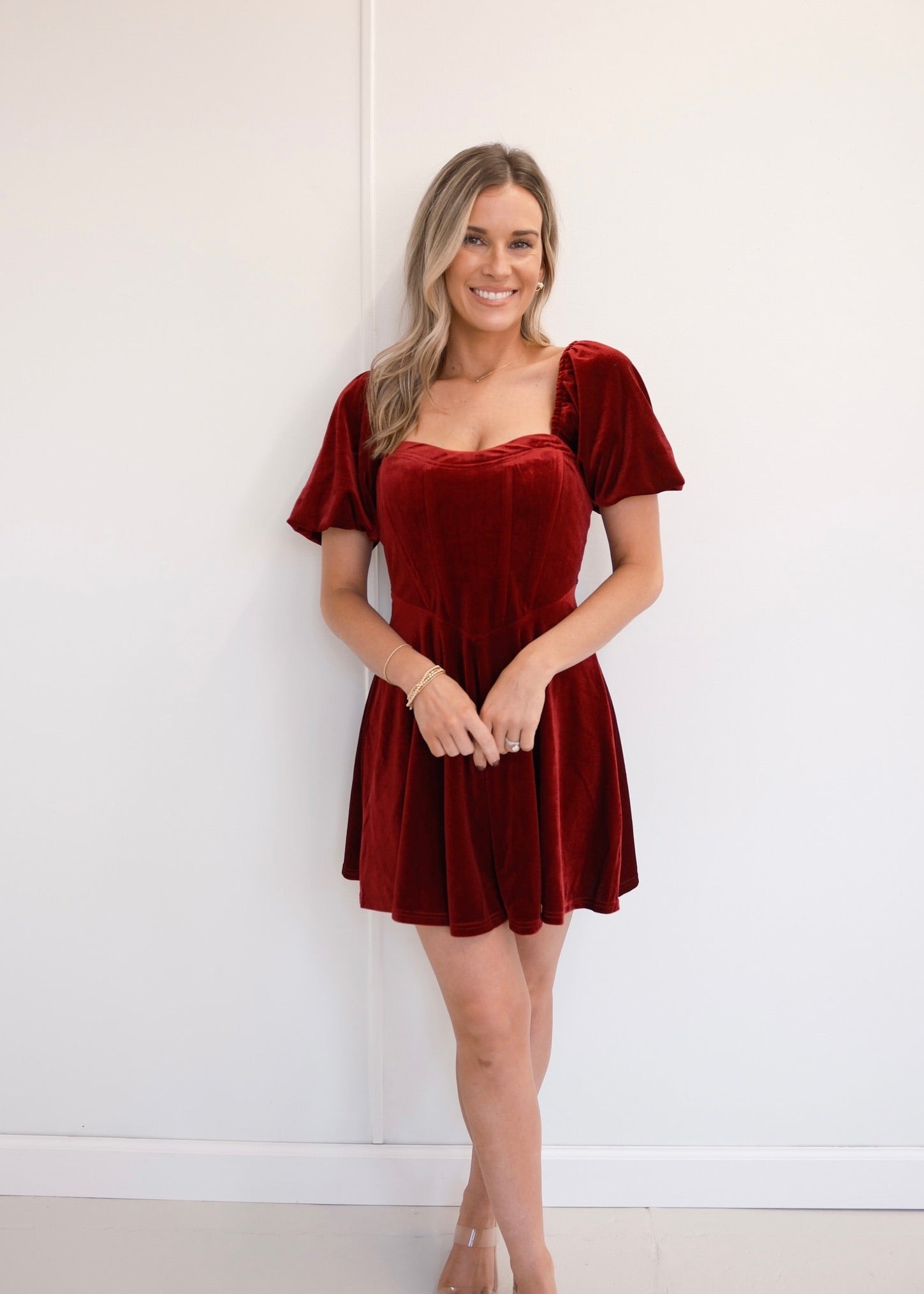 Velvet Puff Sleeve Mini Dress - Burgundy