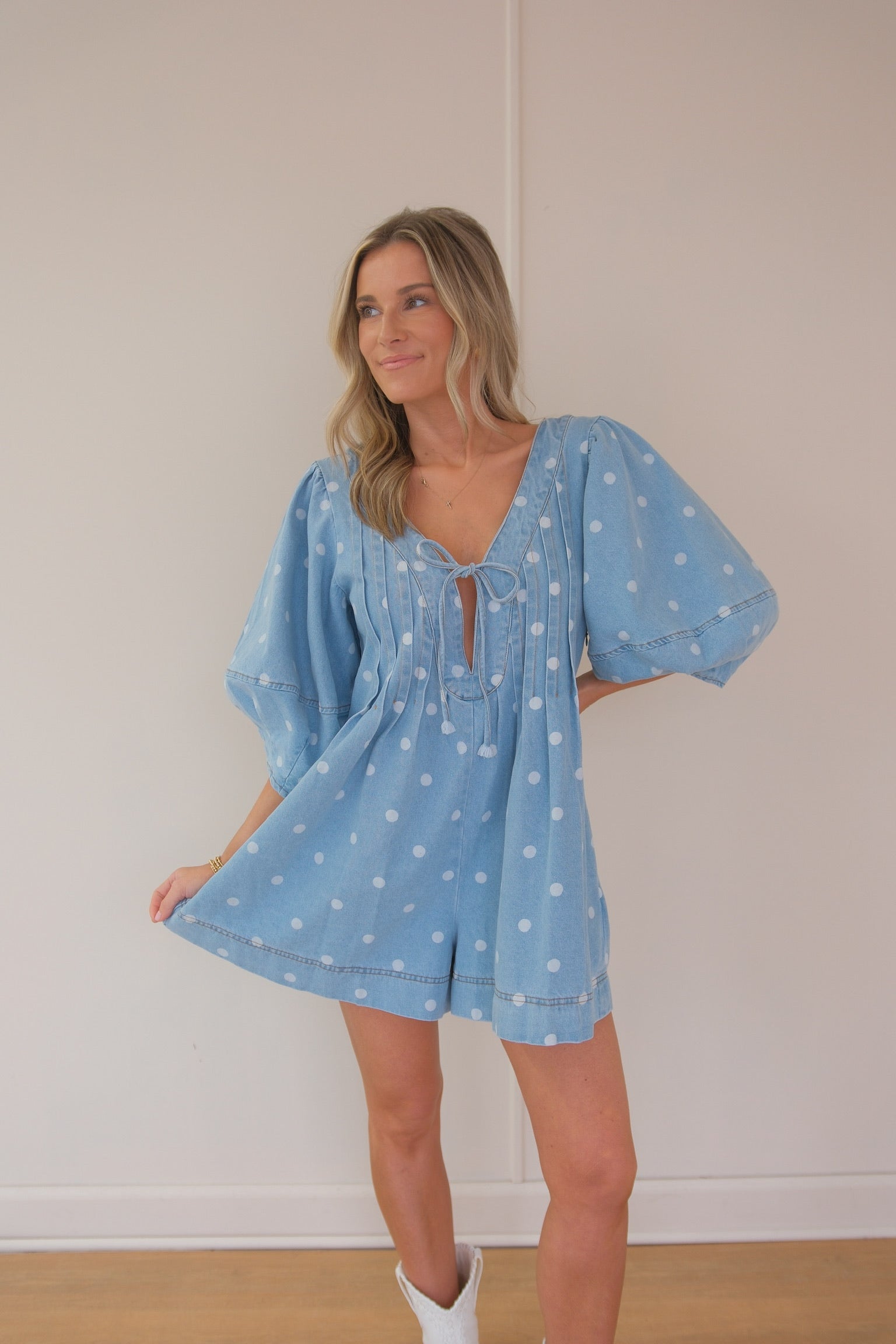 Polka Dot Denim Romper