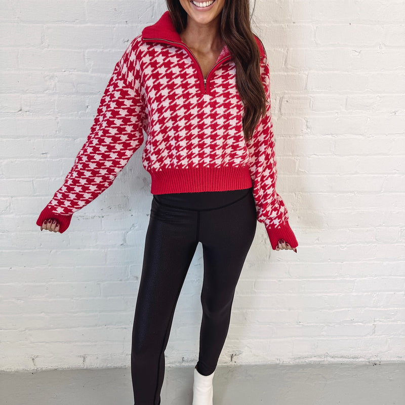 Houndstooth Half Zip - Red