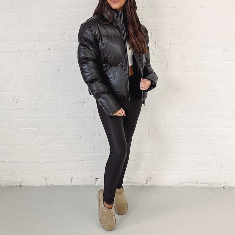 Black Leather Puffer Jacket