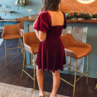 Velvet Puff Sleeve Mini Dress - Burgundy