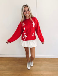 Macie Cable Knit Bow Sweater - Red