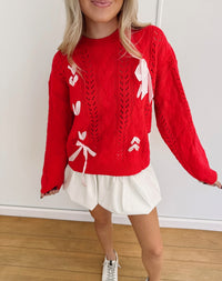 Macie Cable Knit Bow Sweater - Red