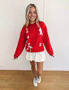 Macie Cable Knit Bow Sweater - Red