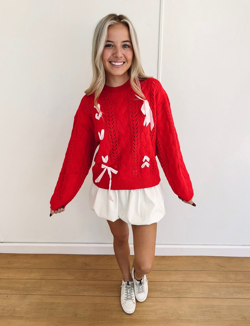 Macie Cable Knit Bow Sweater - Red