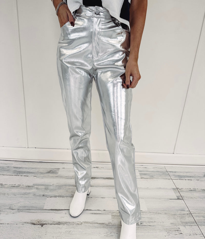 Metallic Leather Pants - Silver