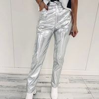 Metallic Leather Pants - Silver