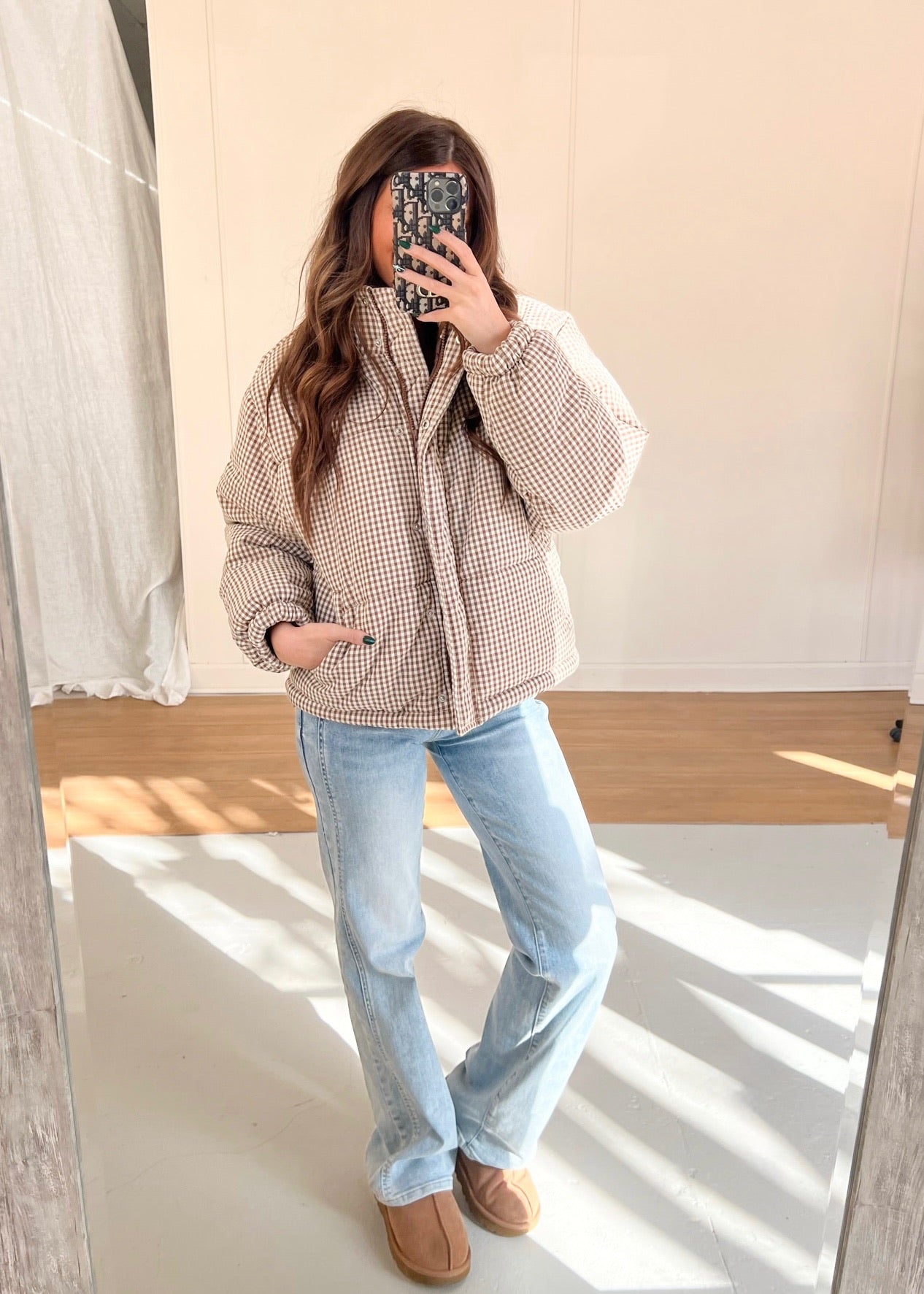 Brown Gingham Puffer Jacket