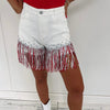 Red/Silver Fringe Denim Shorts