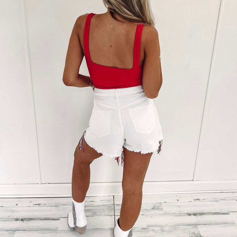 Red/Silver Fringe Denim Shorts