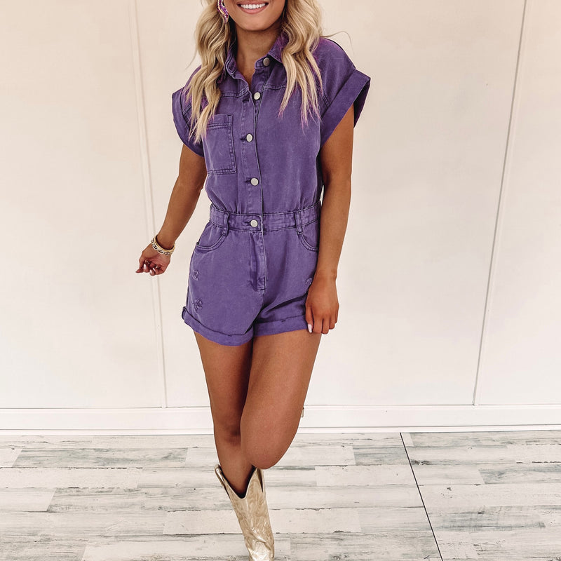 Claire Denim Romper - Purple