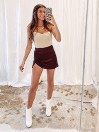 Silk Ruched Mini Skirt - Brown