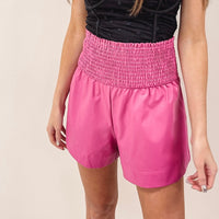 Adair Smocked Leather Shorts - Hot Pink