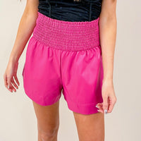 Adair Smocked Leather Shorts - Hot Pink