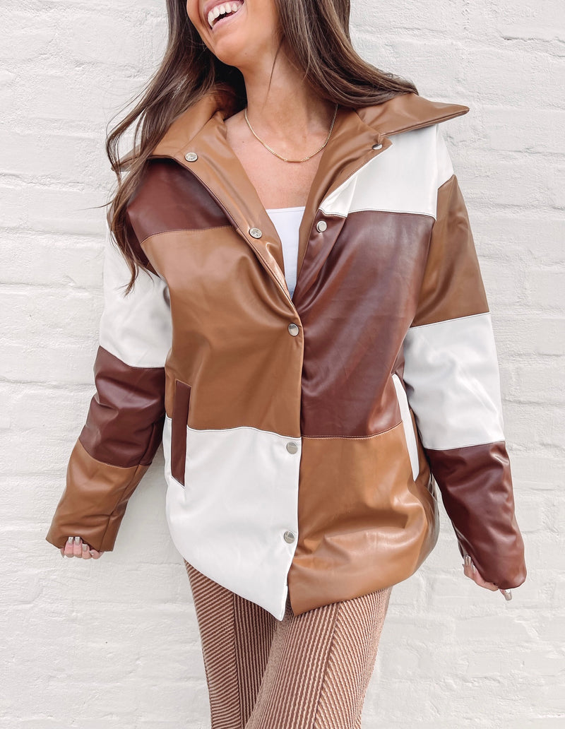 Color block Brown Puffer Jacket