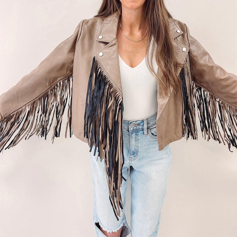 Brown Fringe Faux Leather Jacket