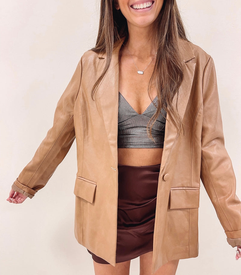 Sloane Faux Leather Blazer - Tan