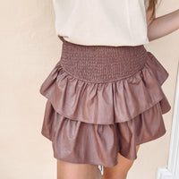 Faux Leather Smocked Skirt - Brown