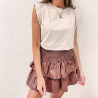 Faux Leather Smocked Skirt - Brown