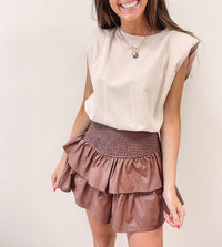 Faux Leather Smocked Skirt - Brown