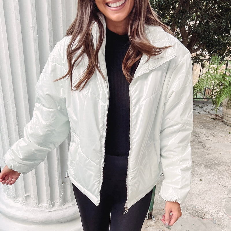 White Liquid Leather Puffer Jacket