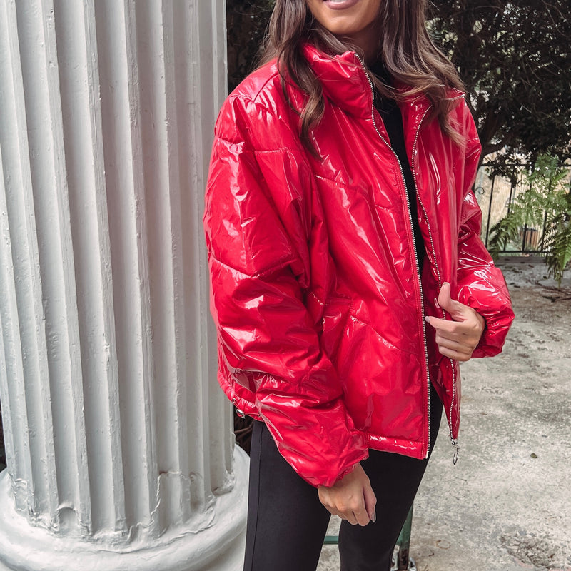 Red Liquid Leather Puffer Jacket