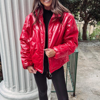 Red Liquid Leather Puffer Jacket