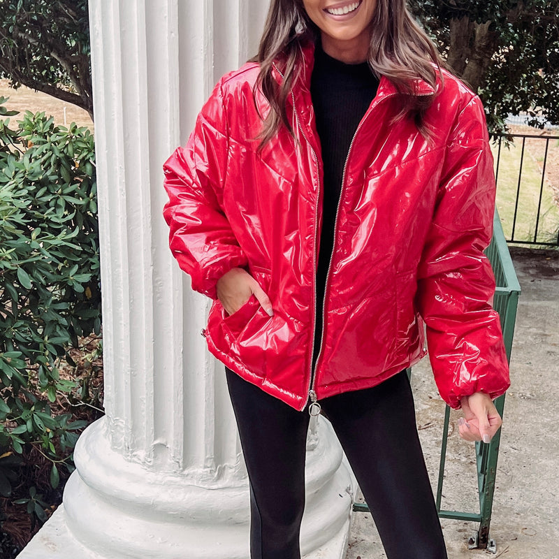 Red Liquid Leather Puffer Jacket