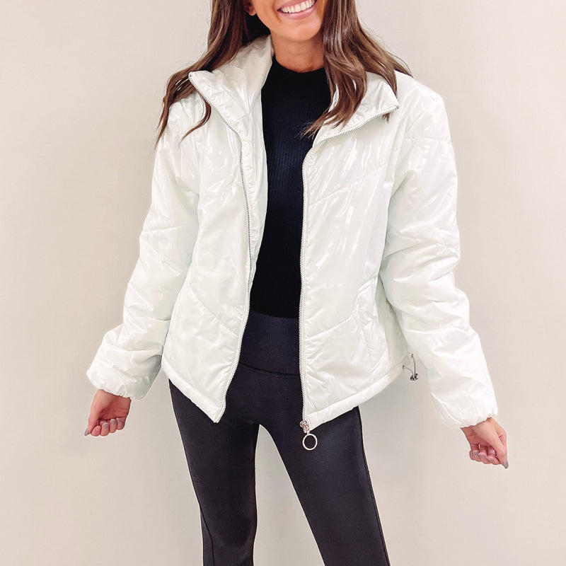 White Liquid Leather Puffer Jacket