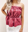 Ruched Faux Leather Top - Burgundy